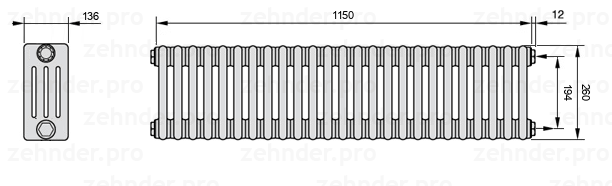 Схема (чертеж) Радиатор Zehnder Charleston 4026/25 №7610 Белый глянцевый RAL 9016